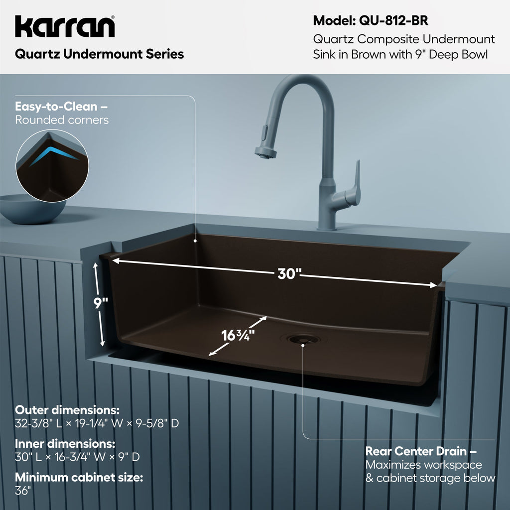 32-3/8" Undermount Large Single Bowl Quartz Composite Kitchen Sink In Brown