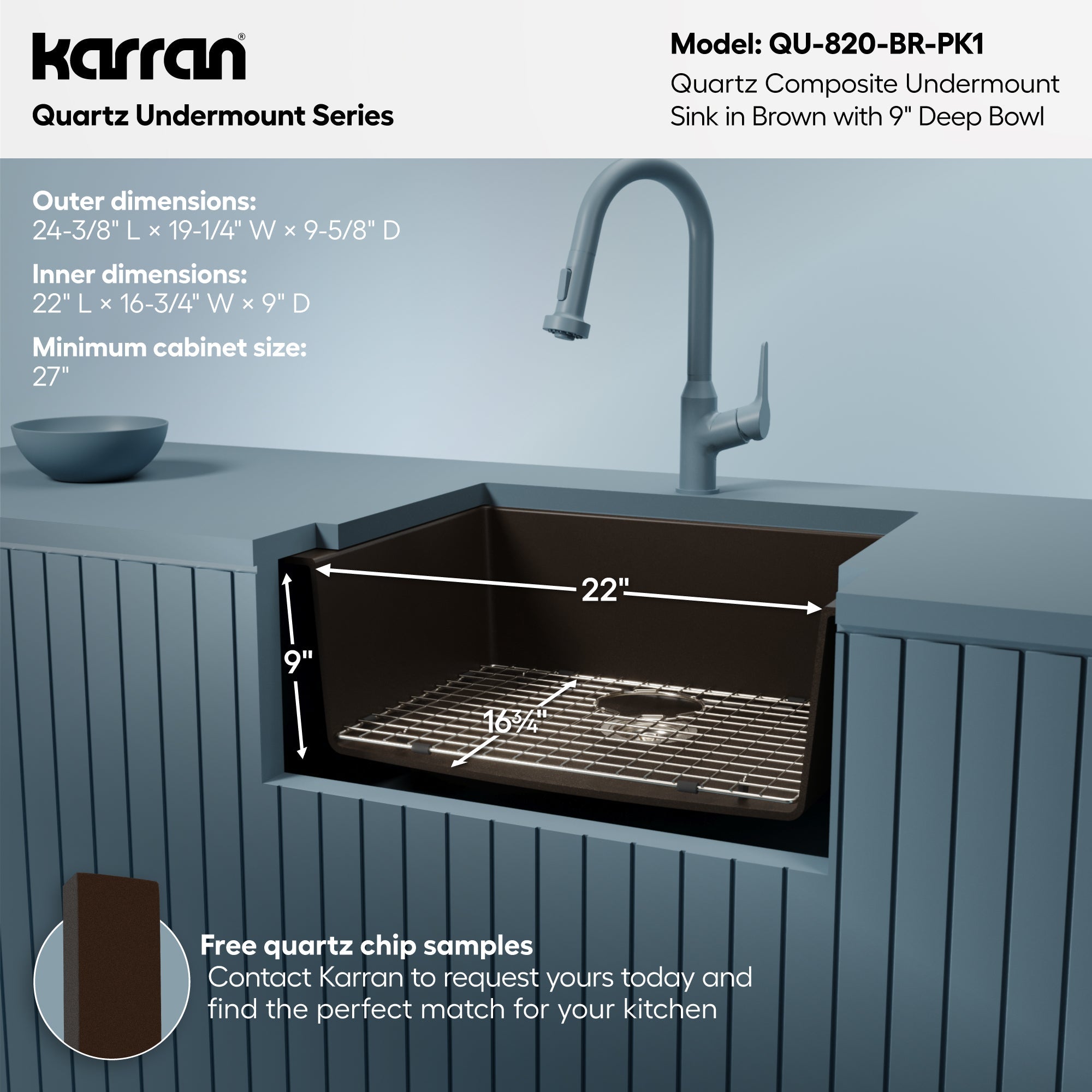 24-3/8" Undermount Single Bowl Quartz Composite Kitchen Sink Kit In Brown