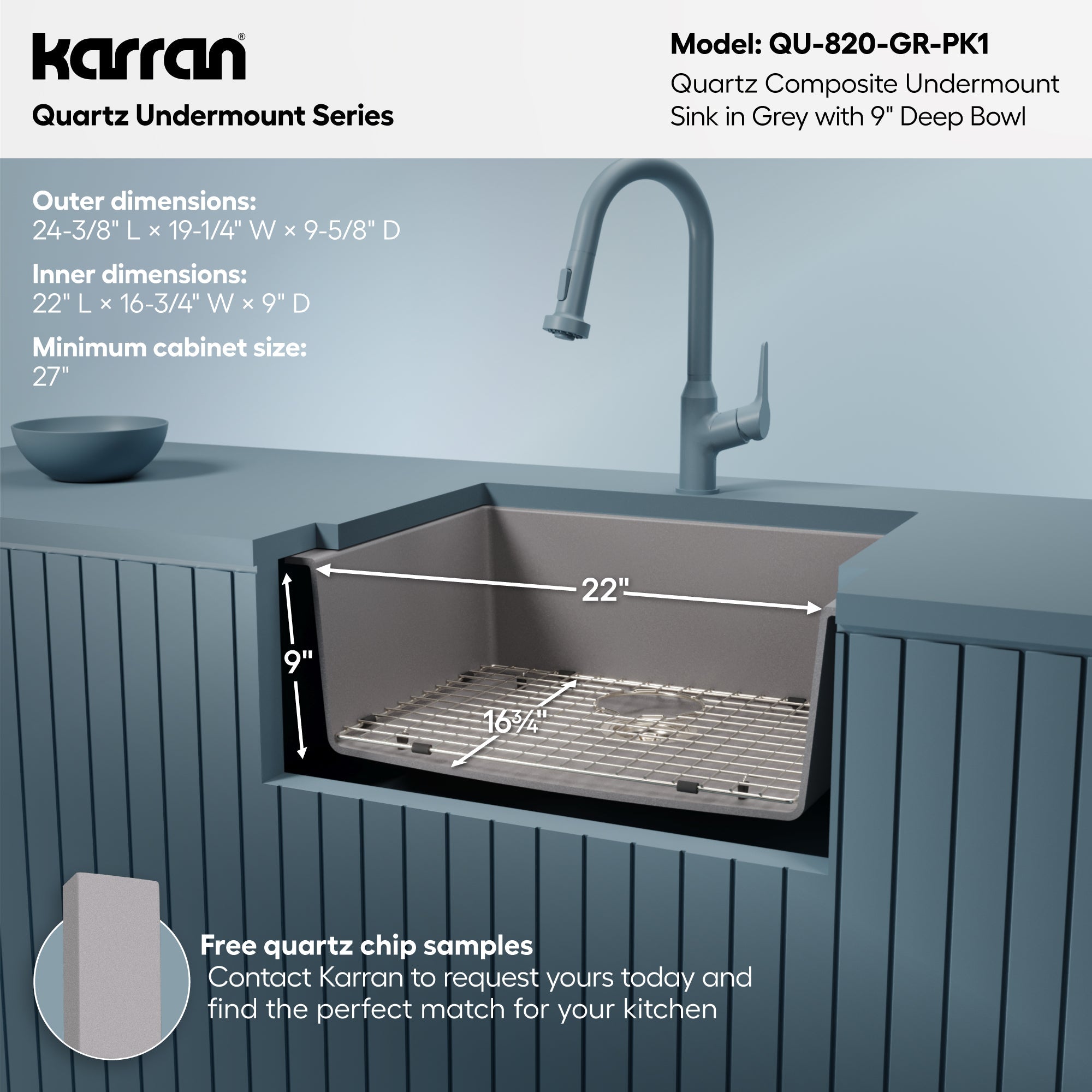 24-3/8" Undermount Single Bowl Quartz Composite Kitchen Sink Kit In Grey
