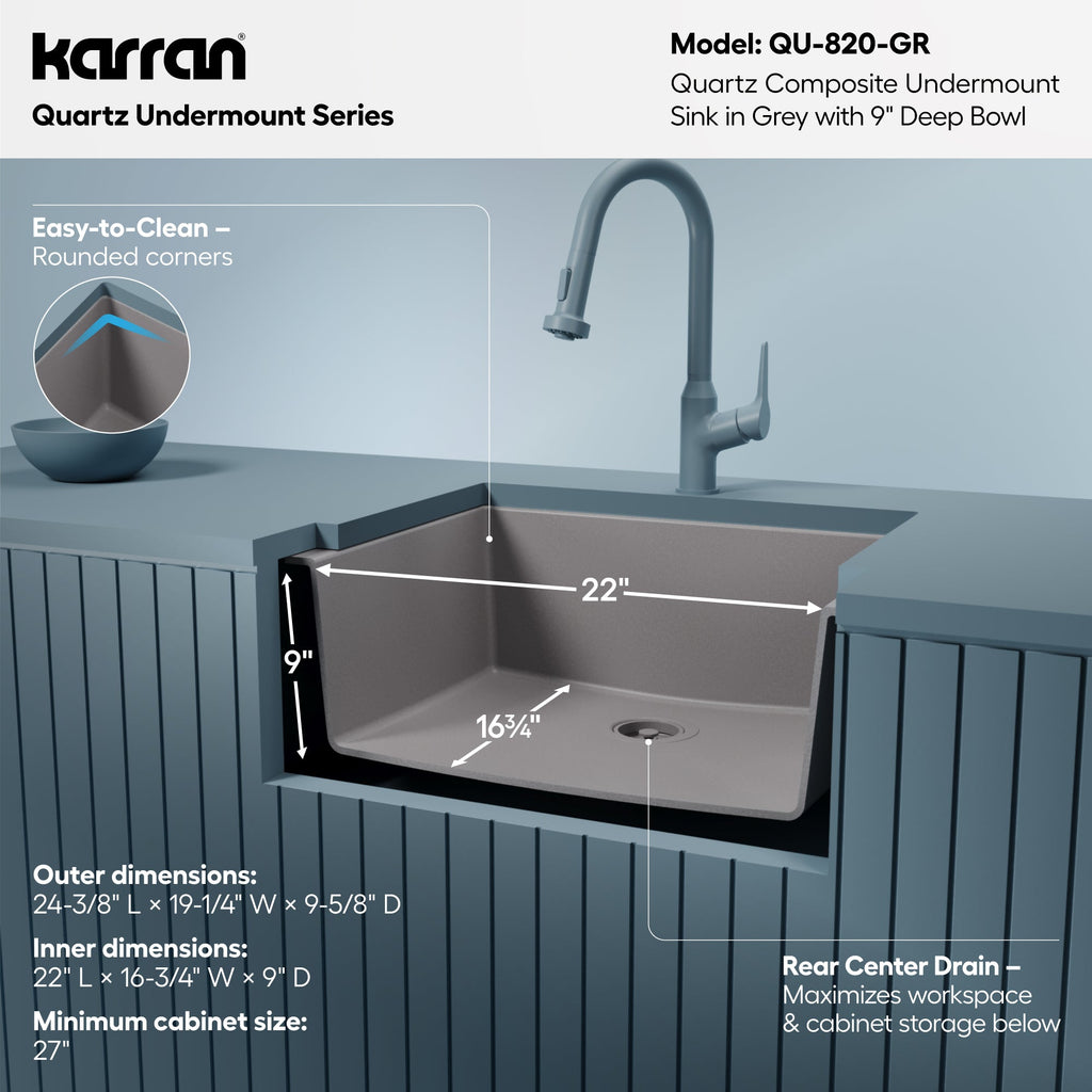 24-3/8" Undermount Single Bowl Quartz Composite Kitchen Sink In Grey