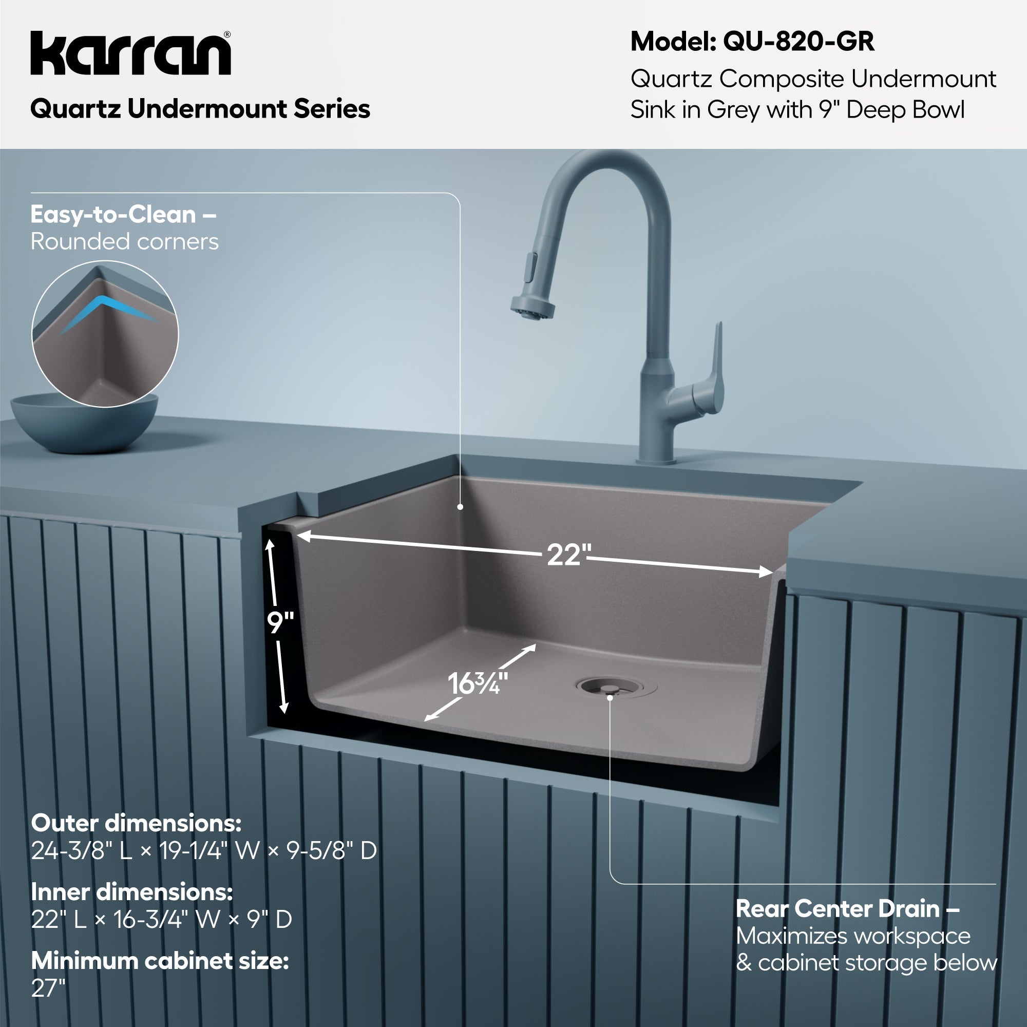 24-3/8" Undermount Single Bowl Quartz Composite Kitchen Sink In Grey