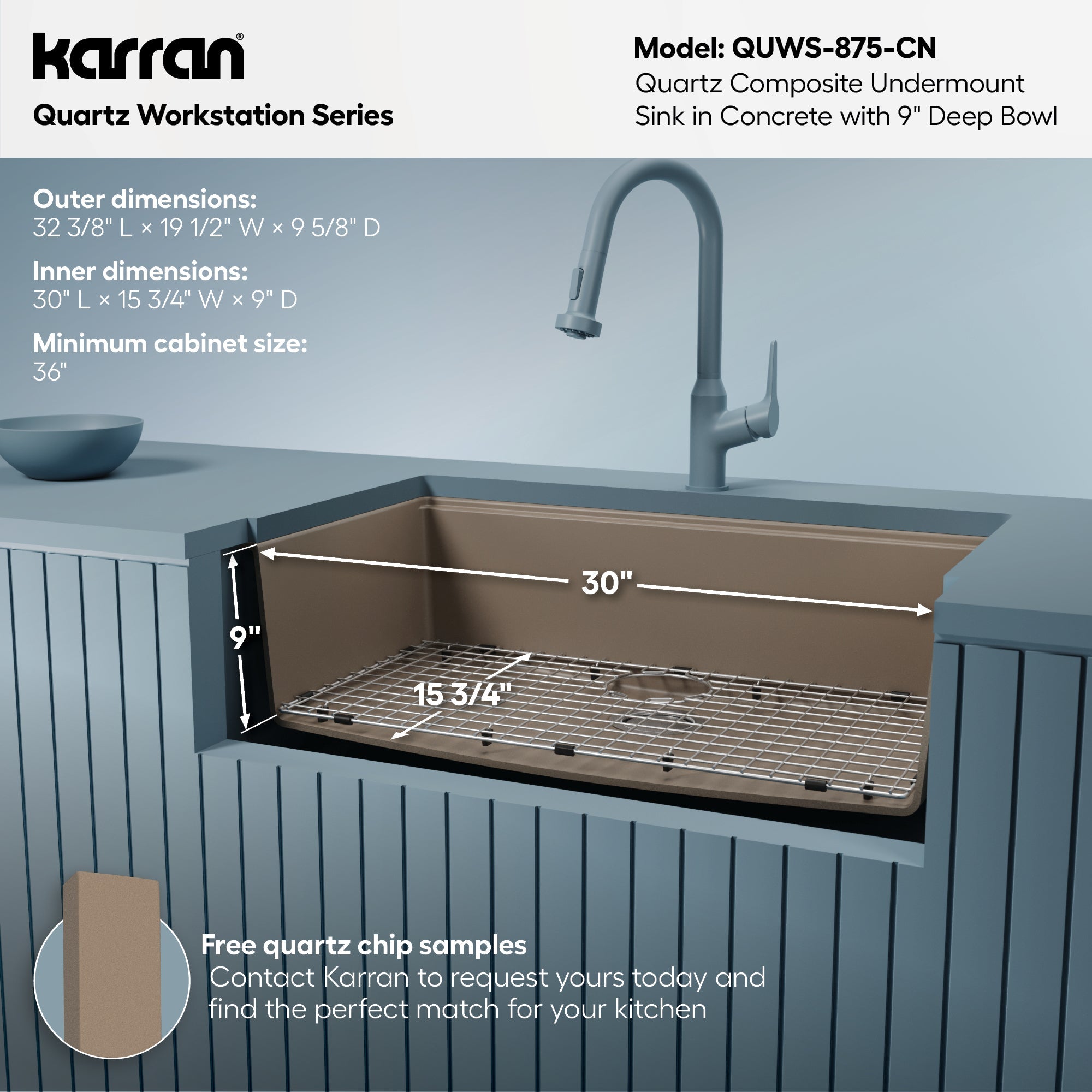 32" Undermount Large Single Bowl Quartz Composite Workstation Kitchen Sink In Concrete