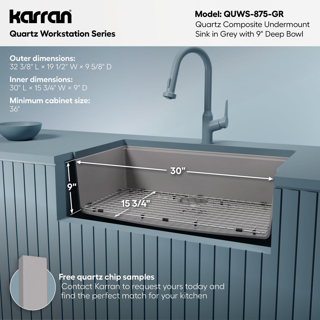 32" Undermount Large Single Bowl Quartz Composite Workstation Kitchen Sink In Grey