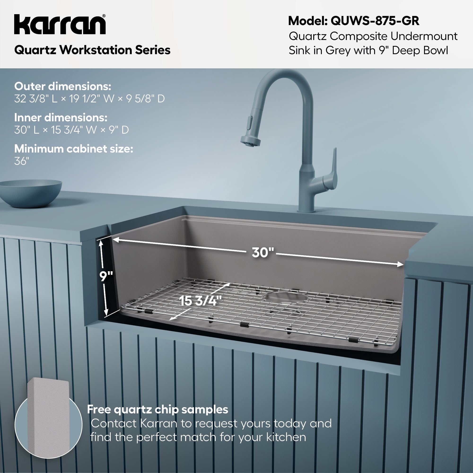 32" Undermount Large Single Bowl Quartz Composite Workstation Kitchen Sink In Grey