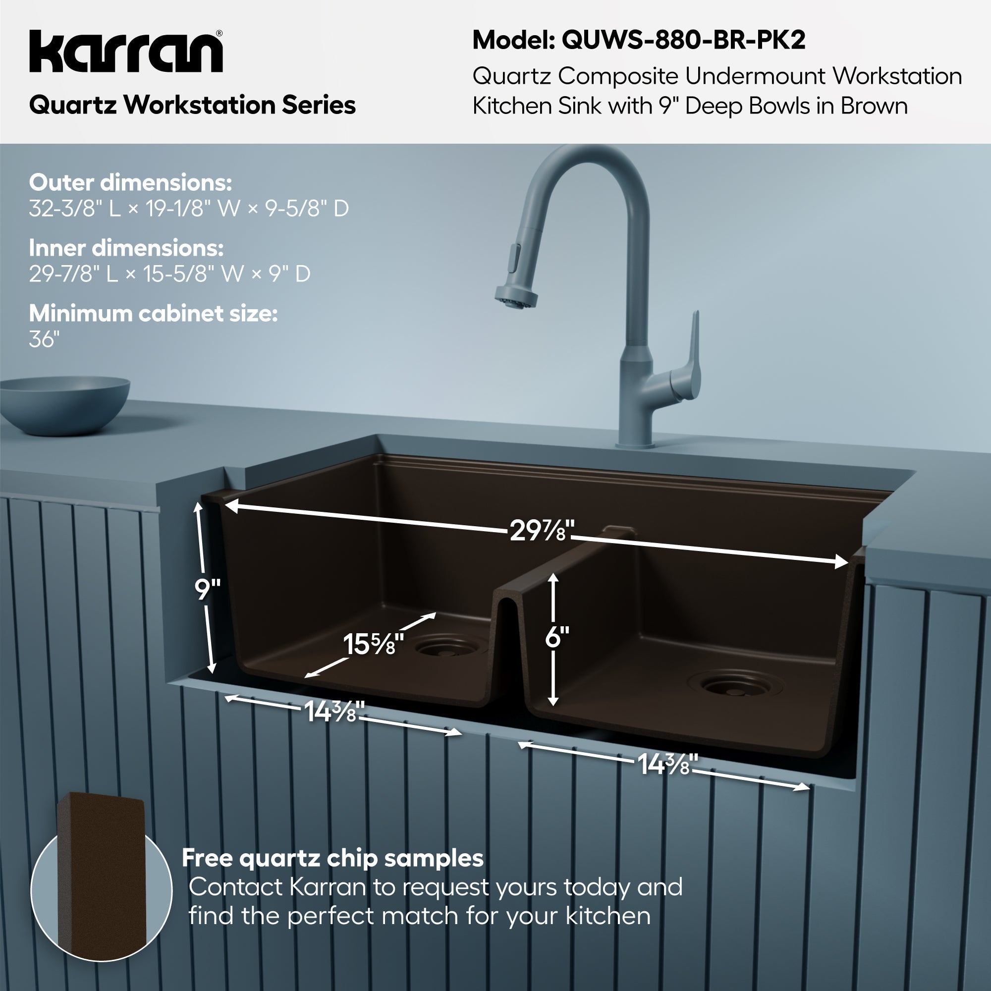 32" Undermount Double Bowl Quartz Kitchen Sink Kit In Brown