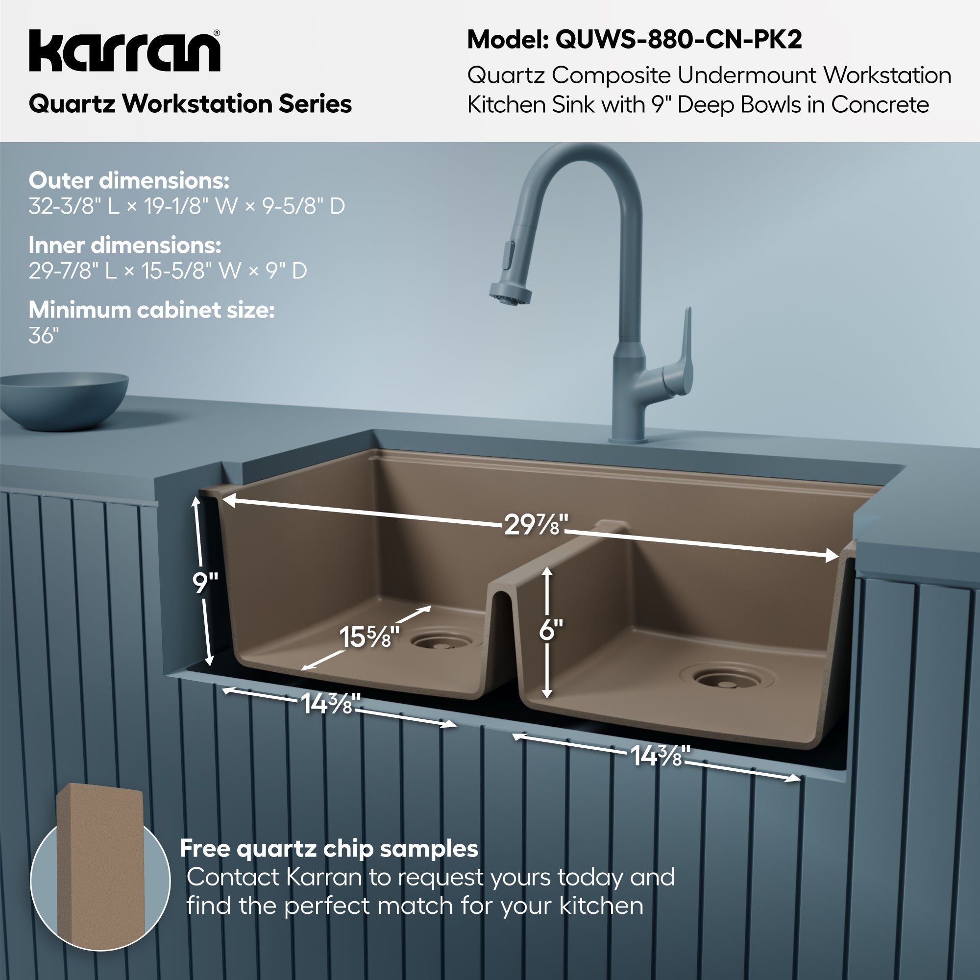 32" Undermount Double Bowl Quartz Kitchen Sink Kit In Concrete