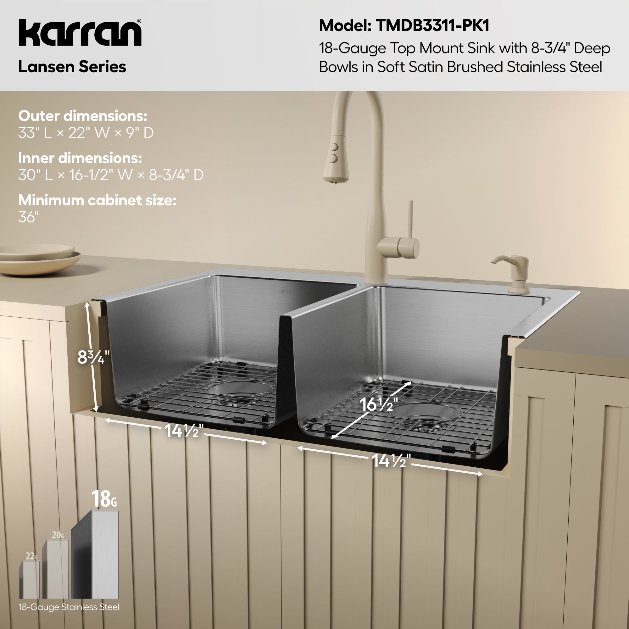 Lansen 33" Top Mount 18 Gauge Double Bowl Stainless Steel Sink with Accessories