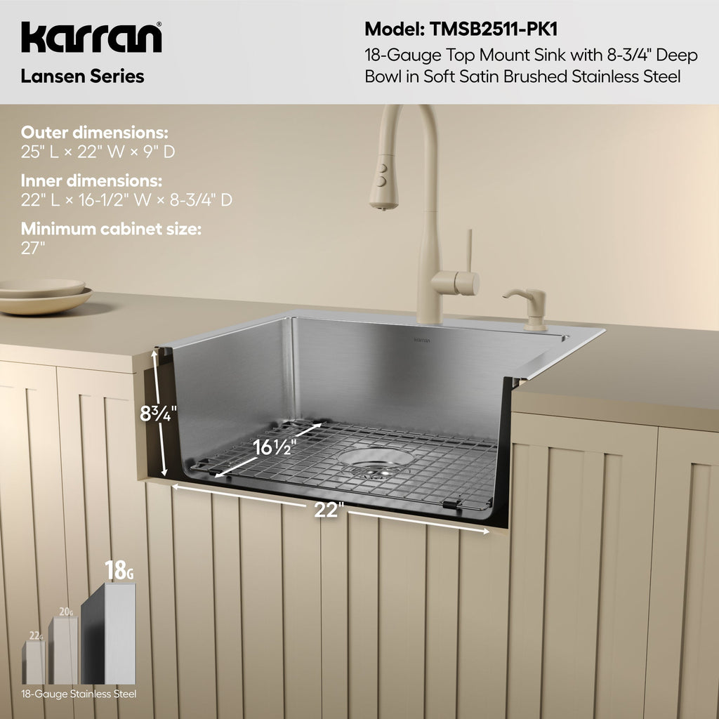 Lansen 25" Top Mount 18 Gauge Single Bowl Stainless Steel Sink with Accessories