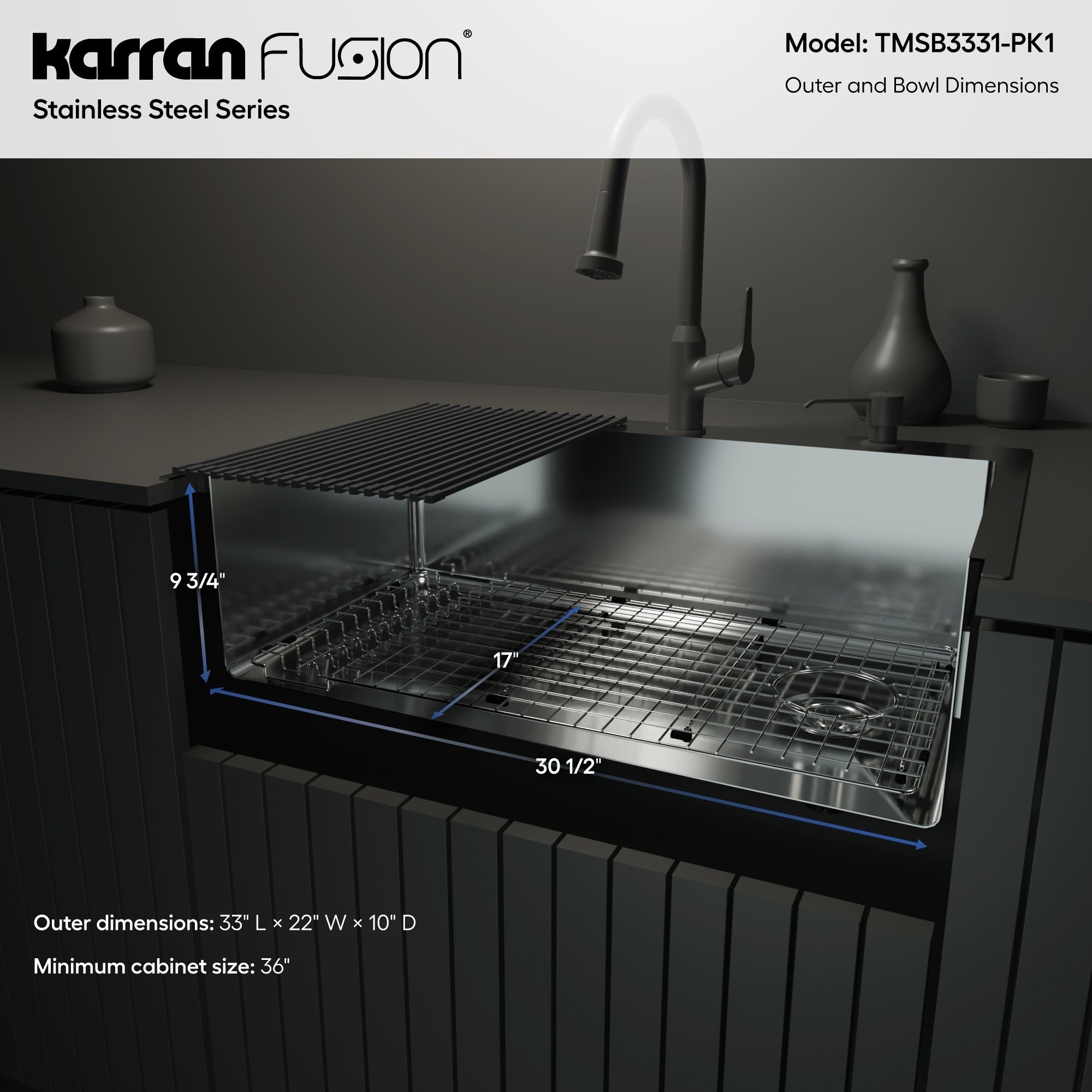 Fusion 33" Top Mount 16 Gauge Single Bowl Stainless Steel Sink with Accessories