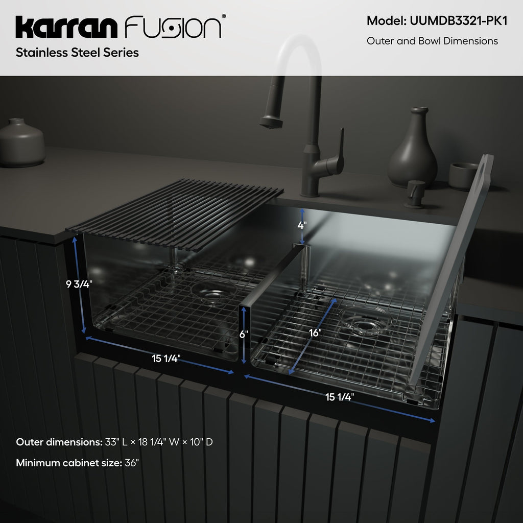 Fusion 33" Undermount 16 Gauge Double Bowl Stainless Steel Sink with Accessories