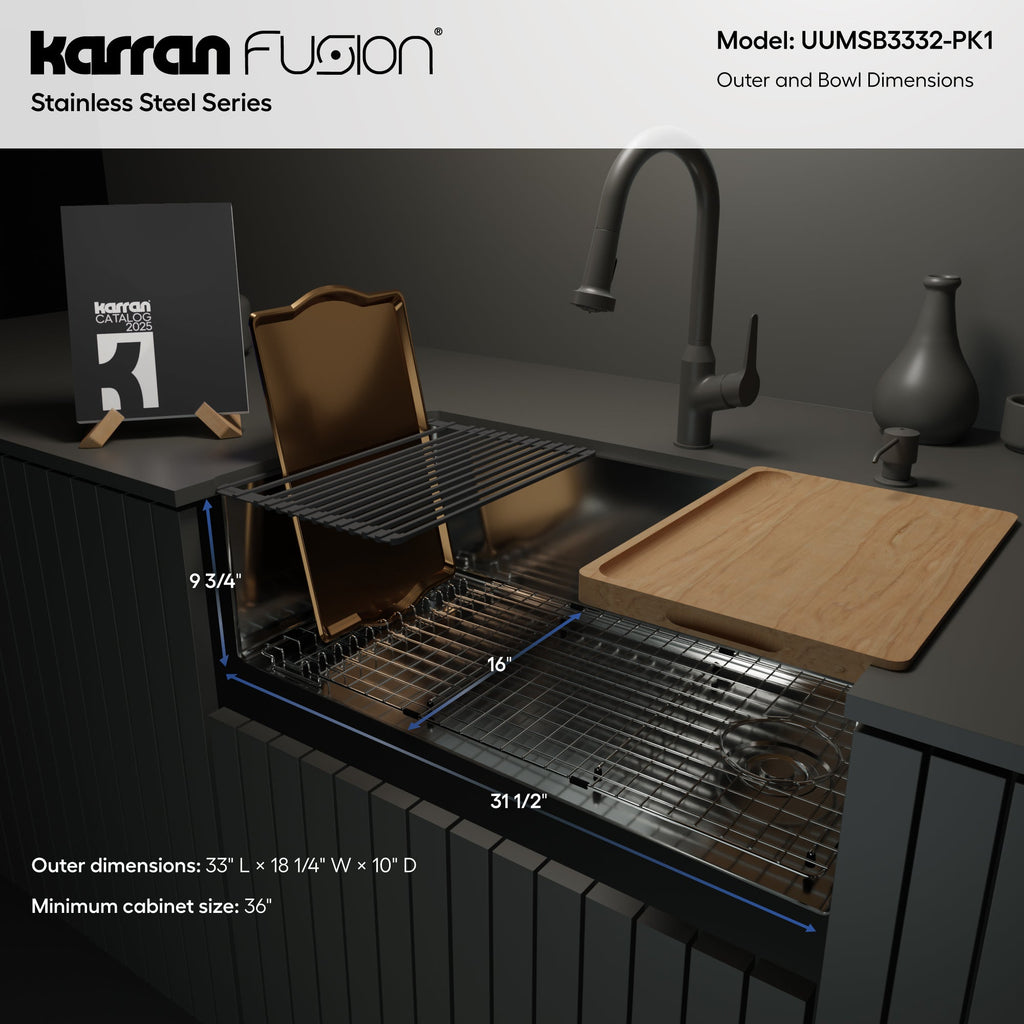 Fusion 33" Undermount Workstation 16 Gauge Single Bowl Stainless Steel Sink with Accessories