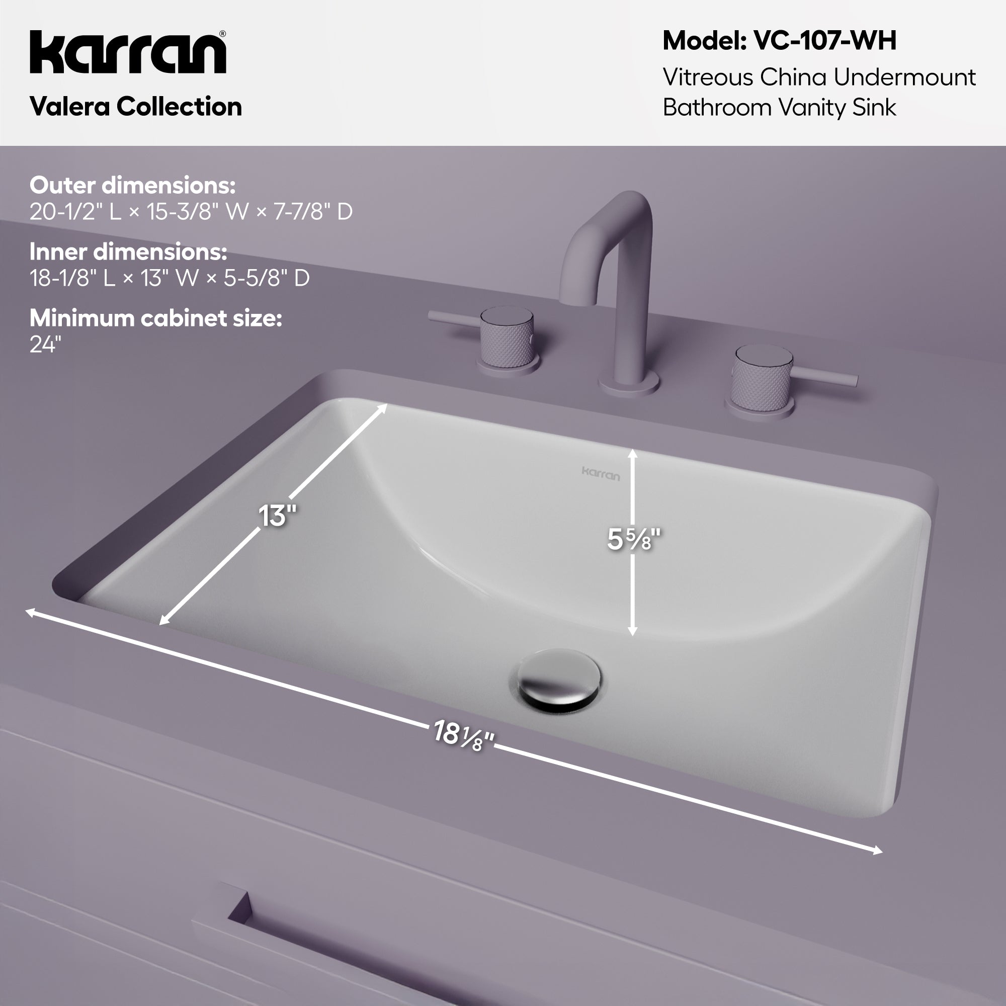 Valera 21" Rectangular Undermount Vitreous China Bathroom Sink In White