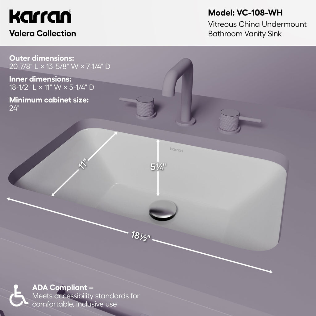 Valera 21" Rectangular Undermount Vitreous China Bathroom Sink In White