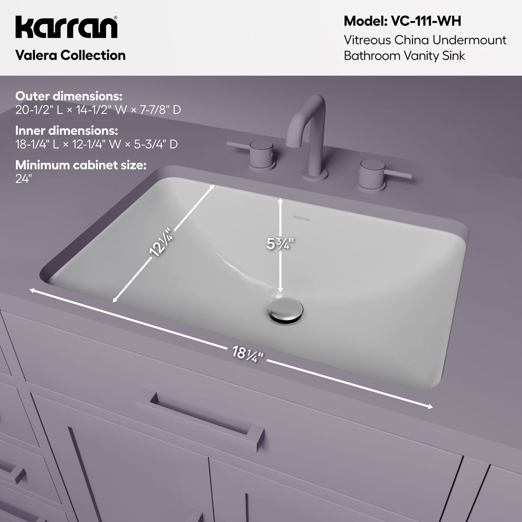 Valera 21" Rectangular Undermount Vitreous China Bathroom Sink In White
