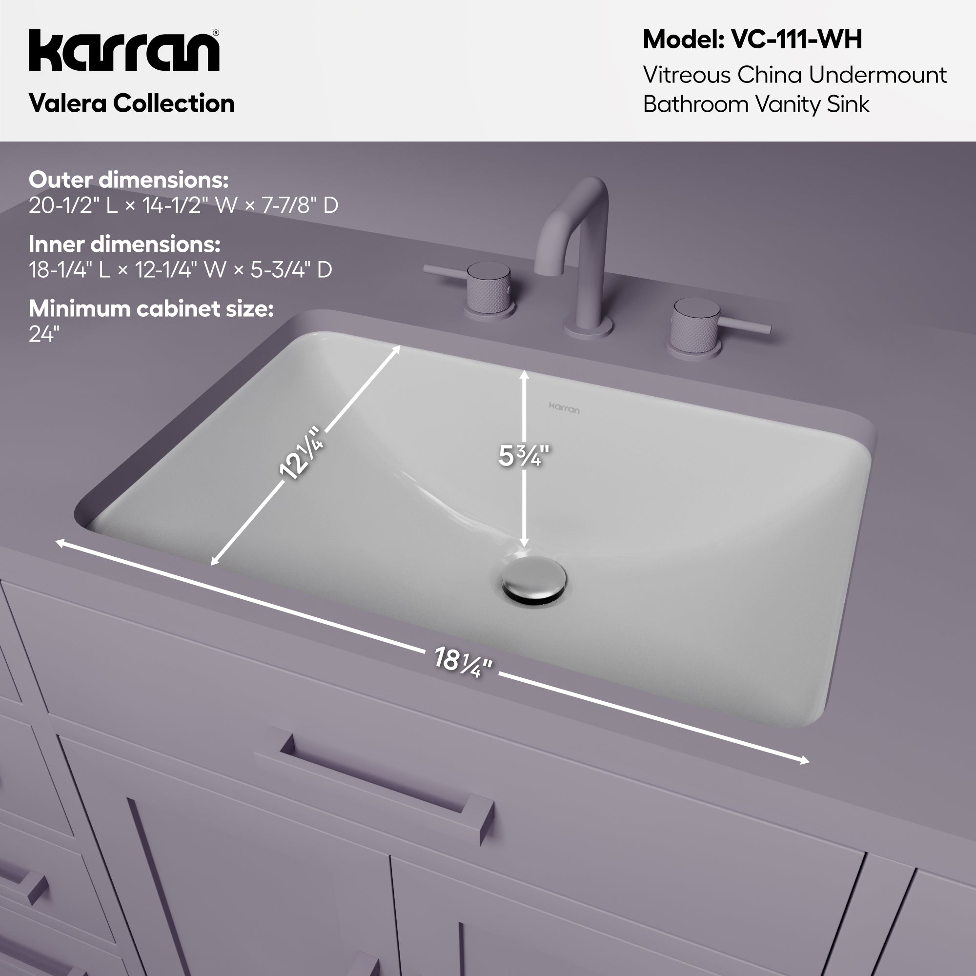Valera 21" Rectangular Undermount Vitreous China Bathroom Sink In White