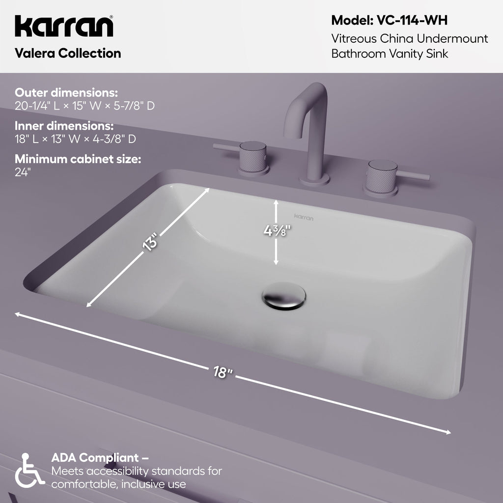 Valera 20" Rectangular Undermount Vitreous China Bathroom Sink In White