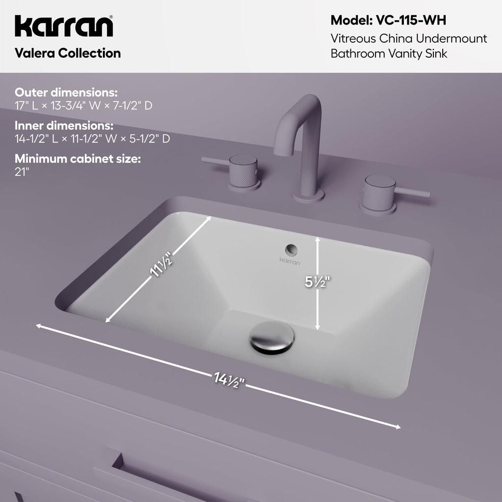 Valera 17" Rectangular Undermount Vitreous China Bathroom Sink In White