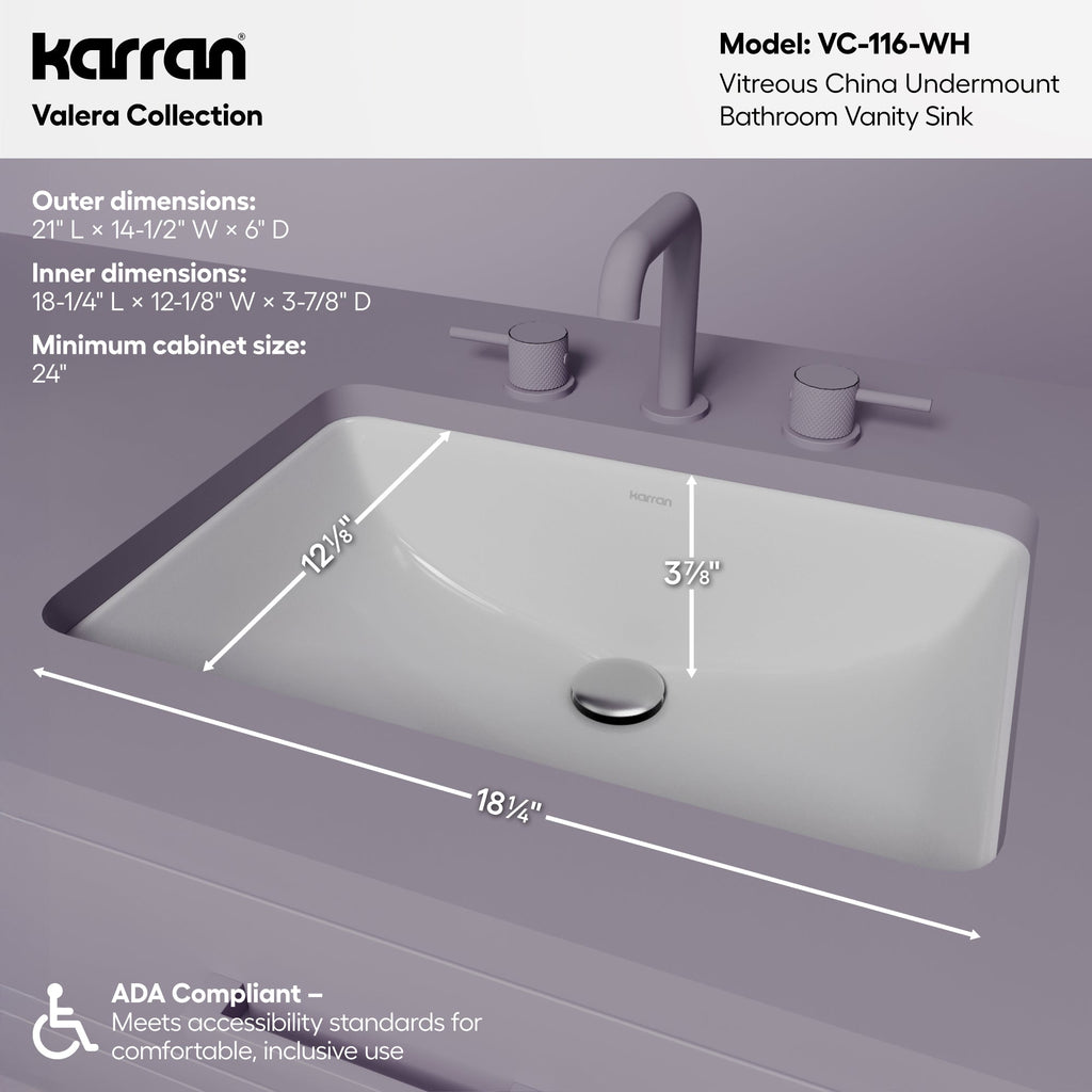 Valera 21" Rectangular Undermount Vitreous China Bathroom Sink In White