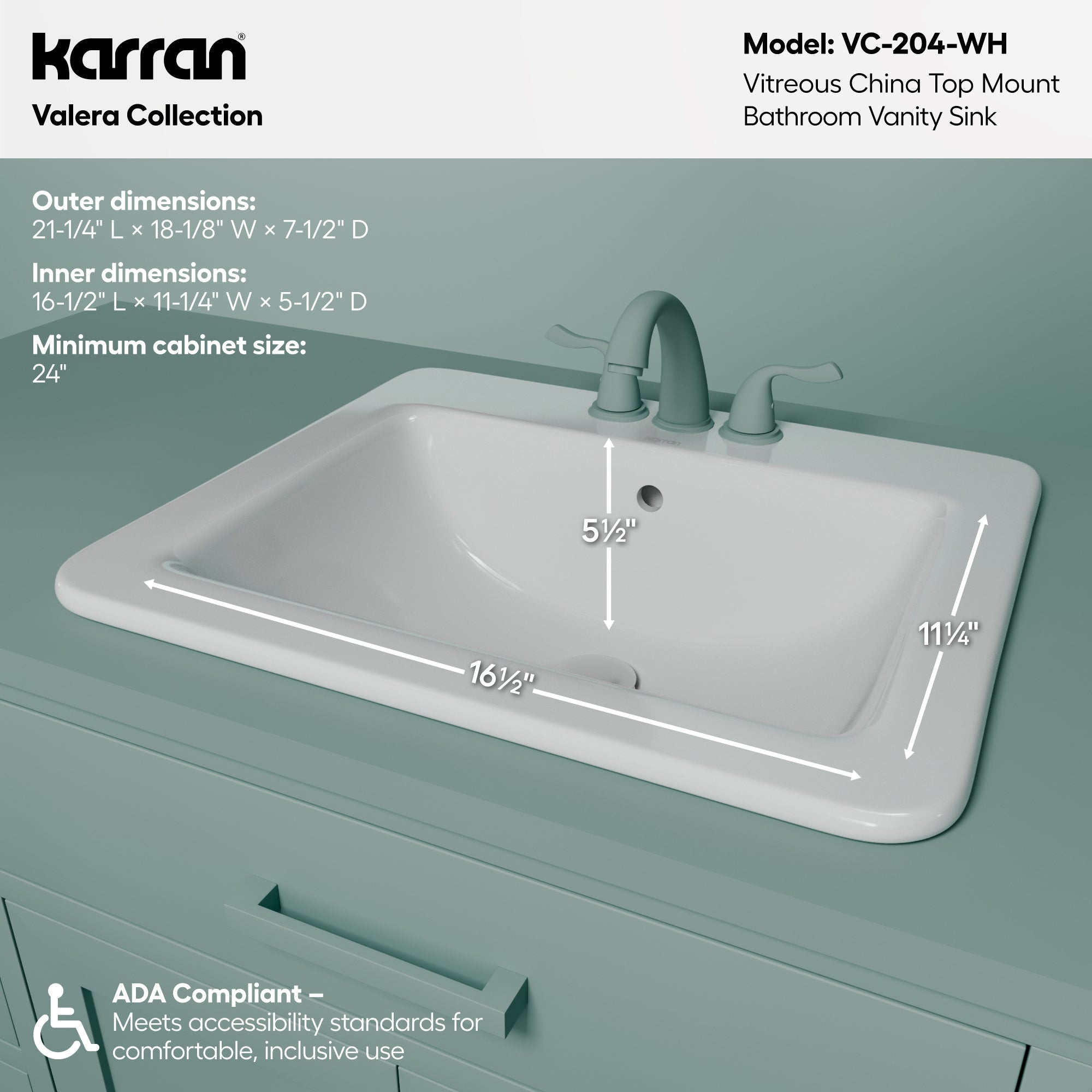 Valera 21" Rectangular Top Mount Vitreous China Bathroom Sink In White