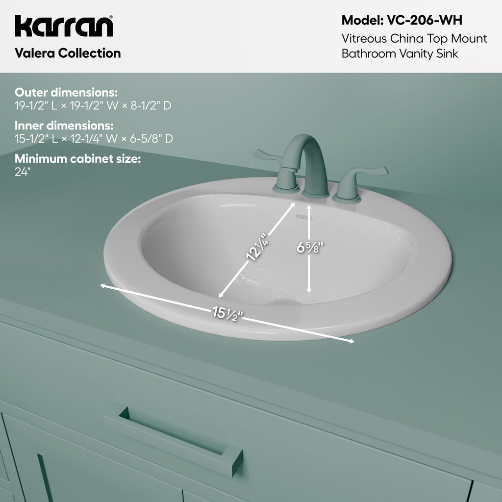 Valera 20" Circular Top Mount Vitreous China Bathroom Sink In White