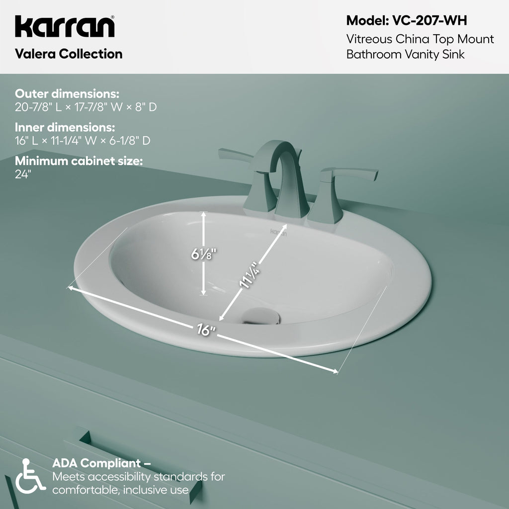 Valera 21" Oval Top Mount Vitreous China Bathroom Sink In White
