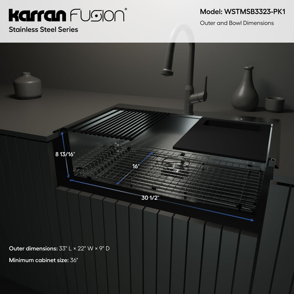 Fusion 33" Top Mount Workstation 18 Gauge Single Bowl Stainless Steel Sink with Accessories