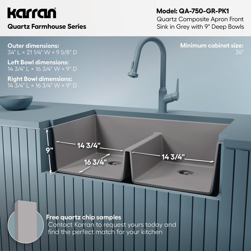 34" Farmhouse Double Equal Bowl Quartz Composite Kitchen Sink Kit In Grey