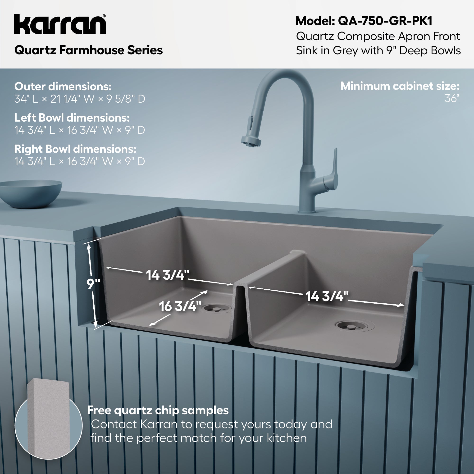 34" Farmhouse Double Equal Bowl Quartz Composite Kitchen Sink Kit In Grey