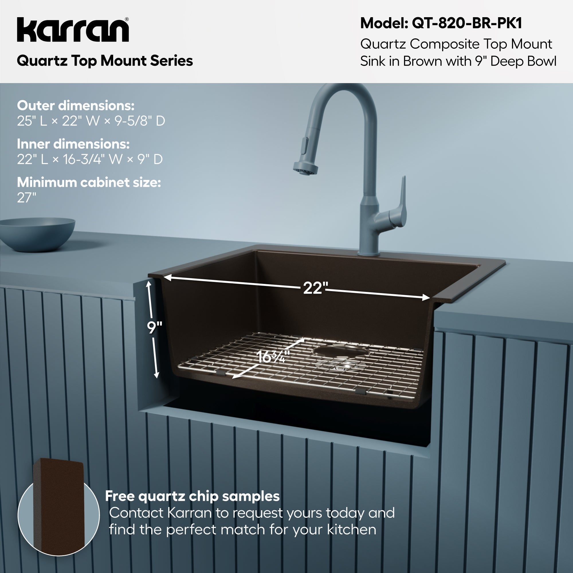 25" Top Mount Single Bowl Quartz Composite Kitchen Sink Kit In Brown