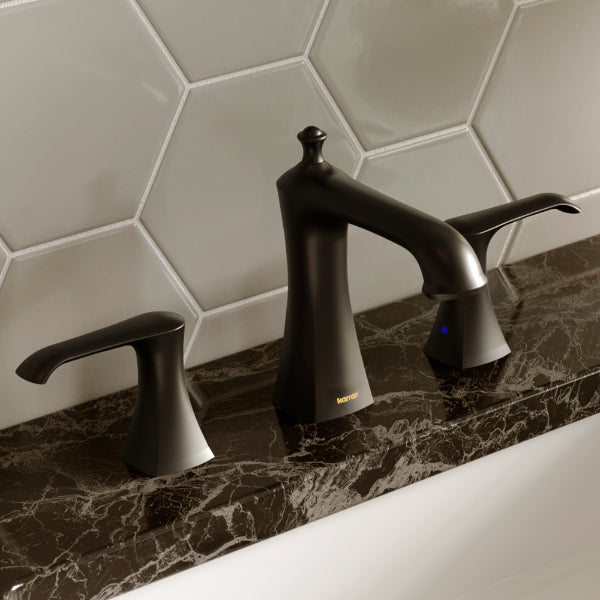 Woodburn Widespread Three-Hole 2-Handle Bathroom Faucet with Matching Pop-Up Drain In Matte Black