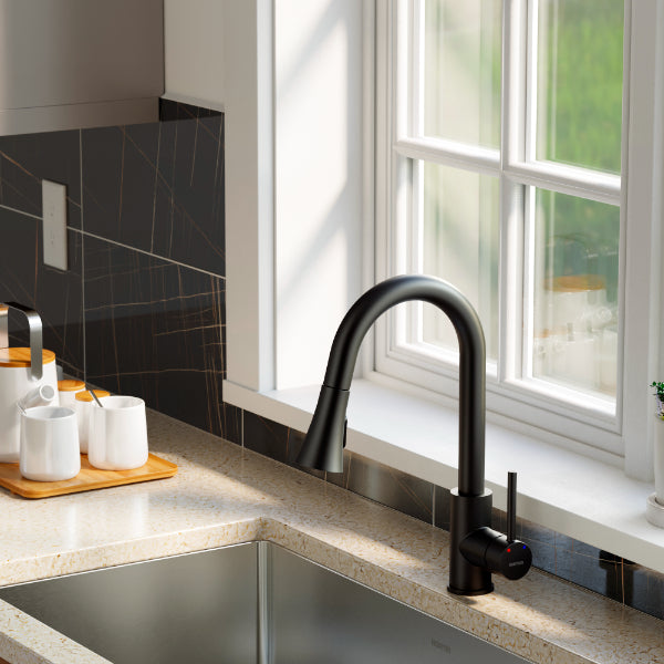 Weybridge Single Hole Single Handle Pull-Down Sprayer Kitchen Faucet In Matte Black
