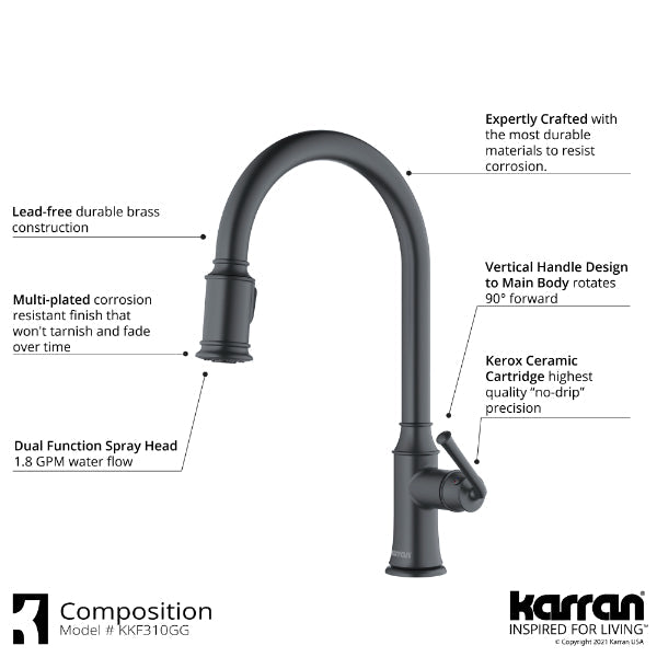 Auburn Single Hole Single Handle Pull-Down Sprayer Kitchen Faucet In Gunmetal Grey