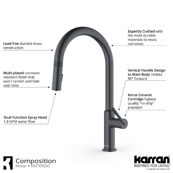 Lagrange Single Hole Single Handle Pull-Down Sprayer Kitchen Faucet In Gunmetal Grey