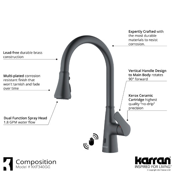 Kadoma Single Hole Single Handle Pull-Down Sprayer Sensor Kitchen Faucet In Gunmetal Grey