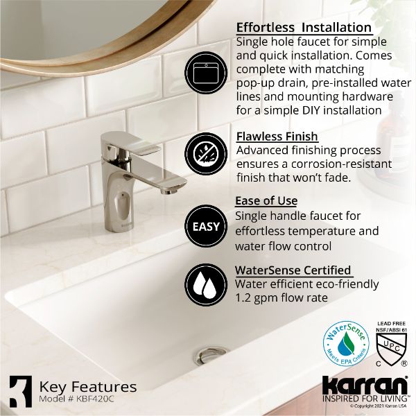 Kayes Single Hole Single Handle Bathroom Faucet with Matching Pop-up Drain In Chrome