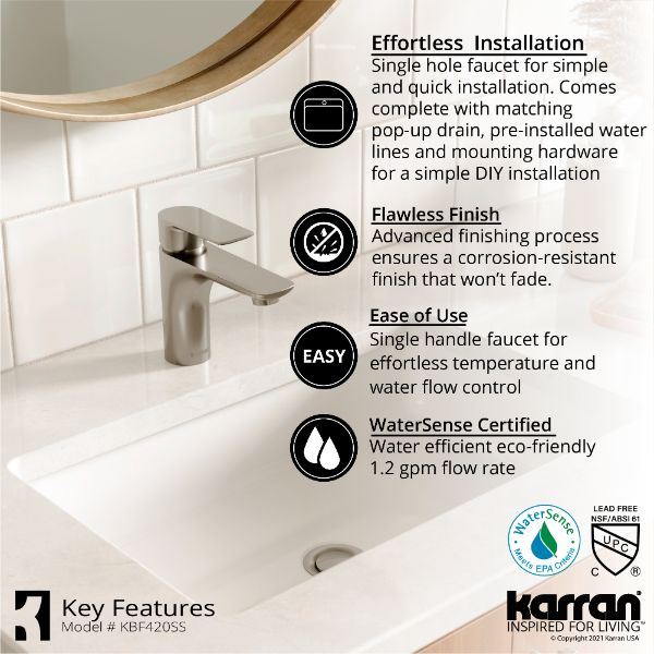 Kayes Single Hole Single Handle Bathroom Faucet with Matching Pop-up Drain In Stainless Steel