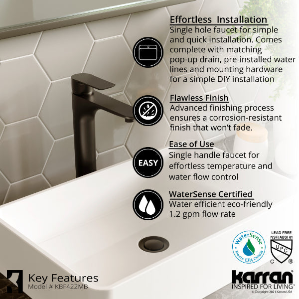 Kayes Single Hole Single Handle Bathroom Faucet with Matcing Pop-up Drain In Matte Black