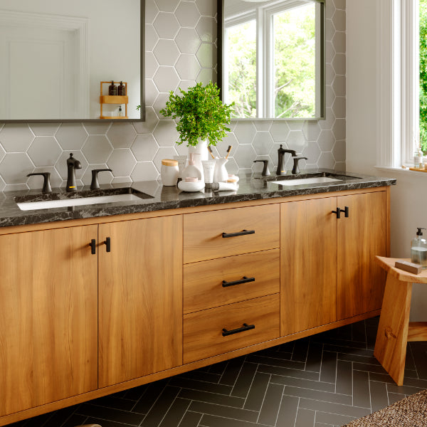 Woodburn Widespread Three-Hole 2-Handle Bathroom Faucet with Matching Pop-Up Drain In Matte Black