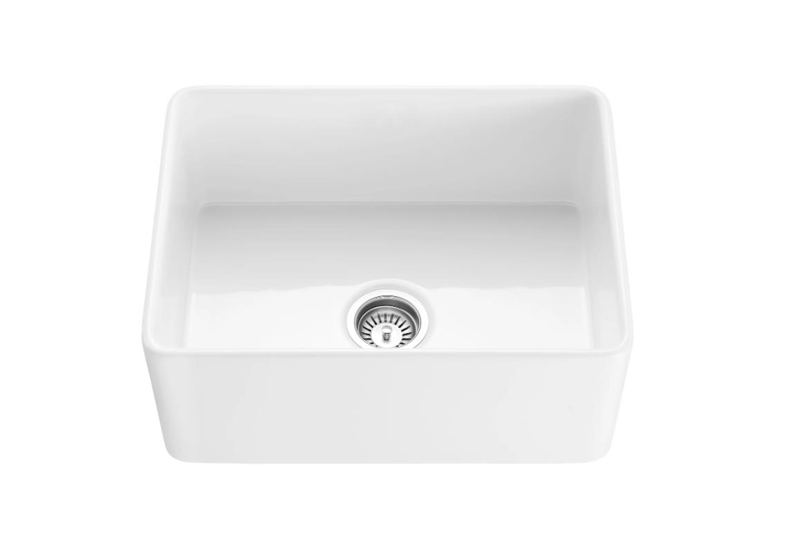 30" All in One White Glossy Fireclay Sink — Grid and Strainer Included