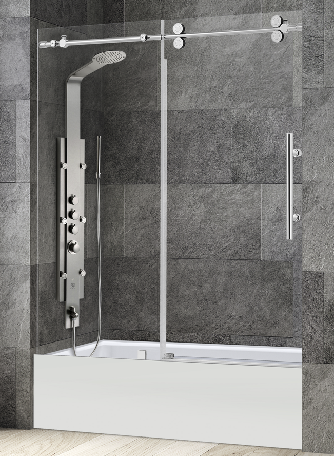 Frameless Shower Door on Bathtub (10mm) Tempered Glass 60"W x 58"H 4 Wheels