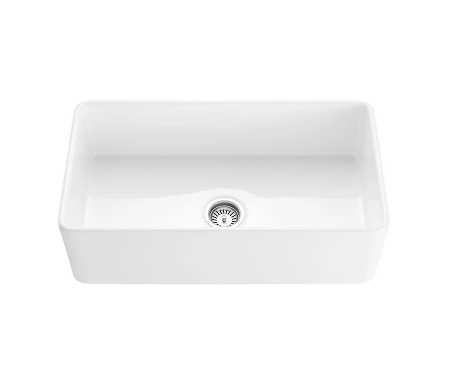 33" All in One White Glossy Fireclay Sink Grid and Strainer Included