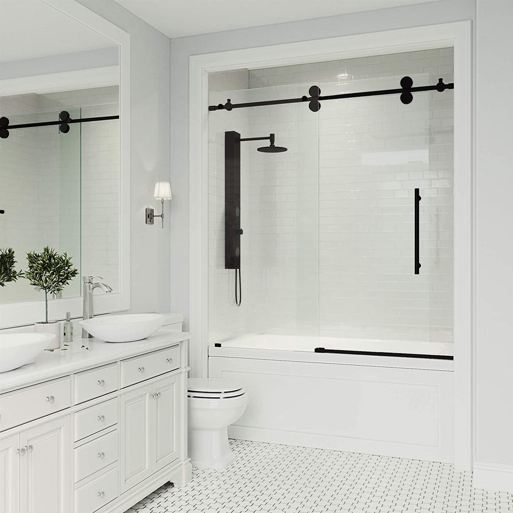 Frameless Shower Door on Bathtub (10mm) Tempered Glass 60"W x 58"H 4 Wheels