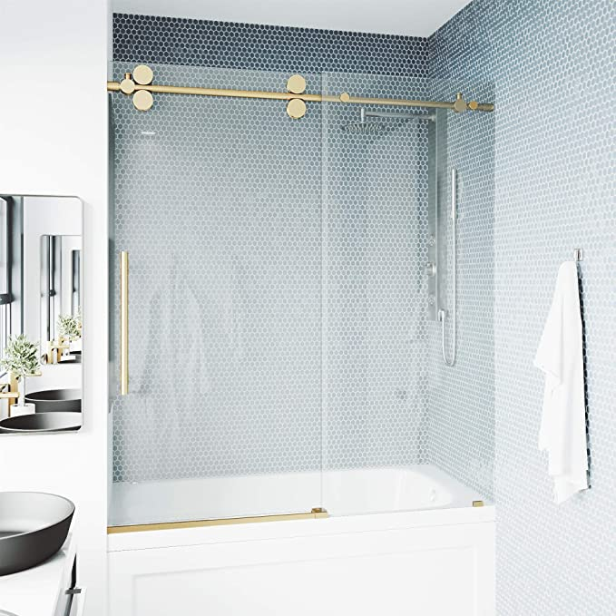 Frameless Shower Door on Bathtub (10mm) Tempered Glass 60"W x 58"H 4 Wheels