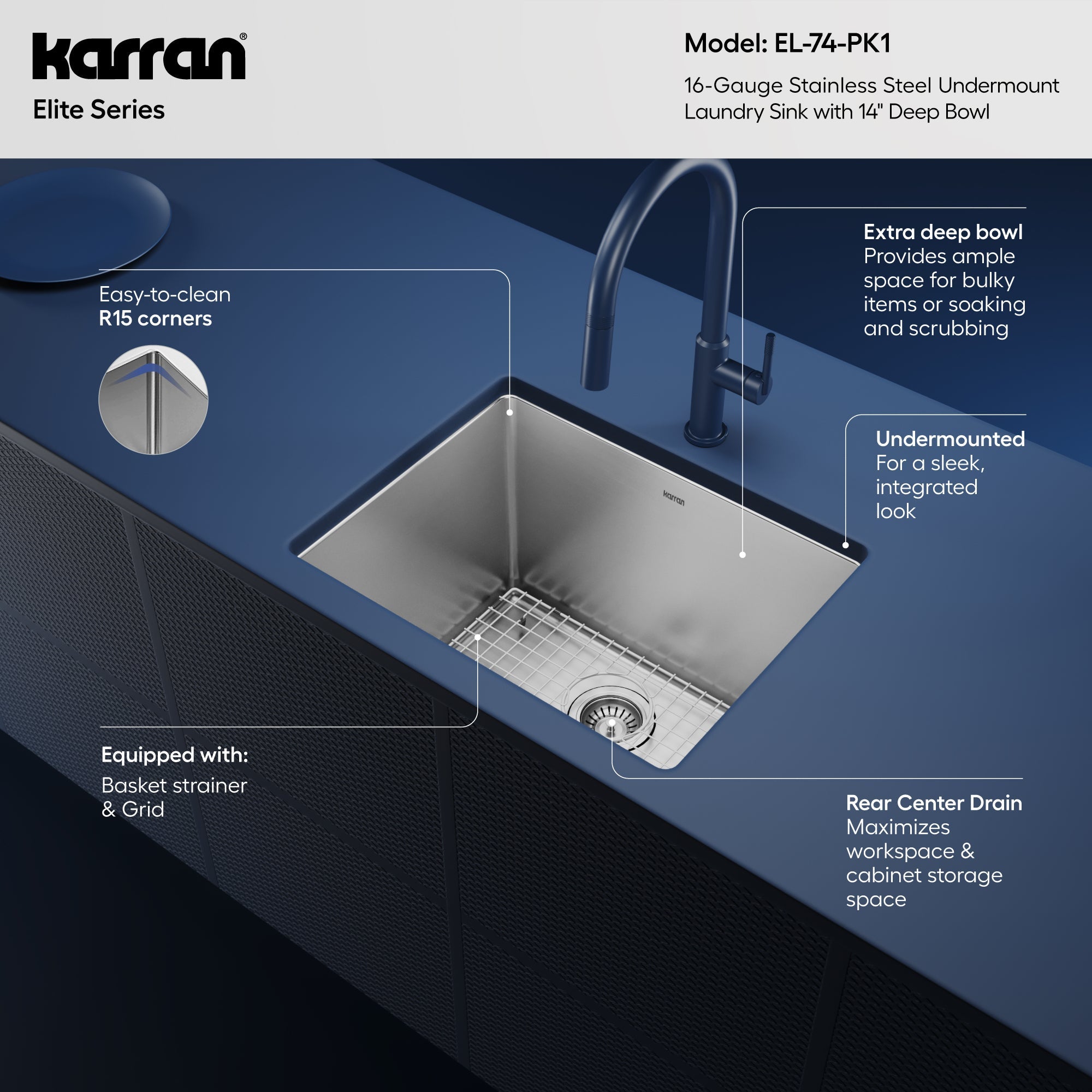 Elite 23" Undermount 16 Gauge Single Bowl Stainless Steel Kitchen Sink with Accessories