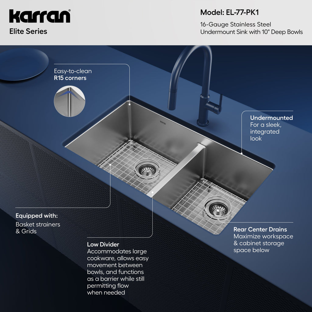 Elite 32" Undermount 16 Gauge Double Bowl Stainless Steel Kitchen Sink with Accessories