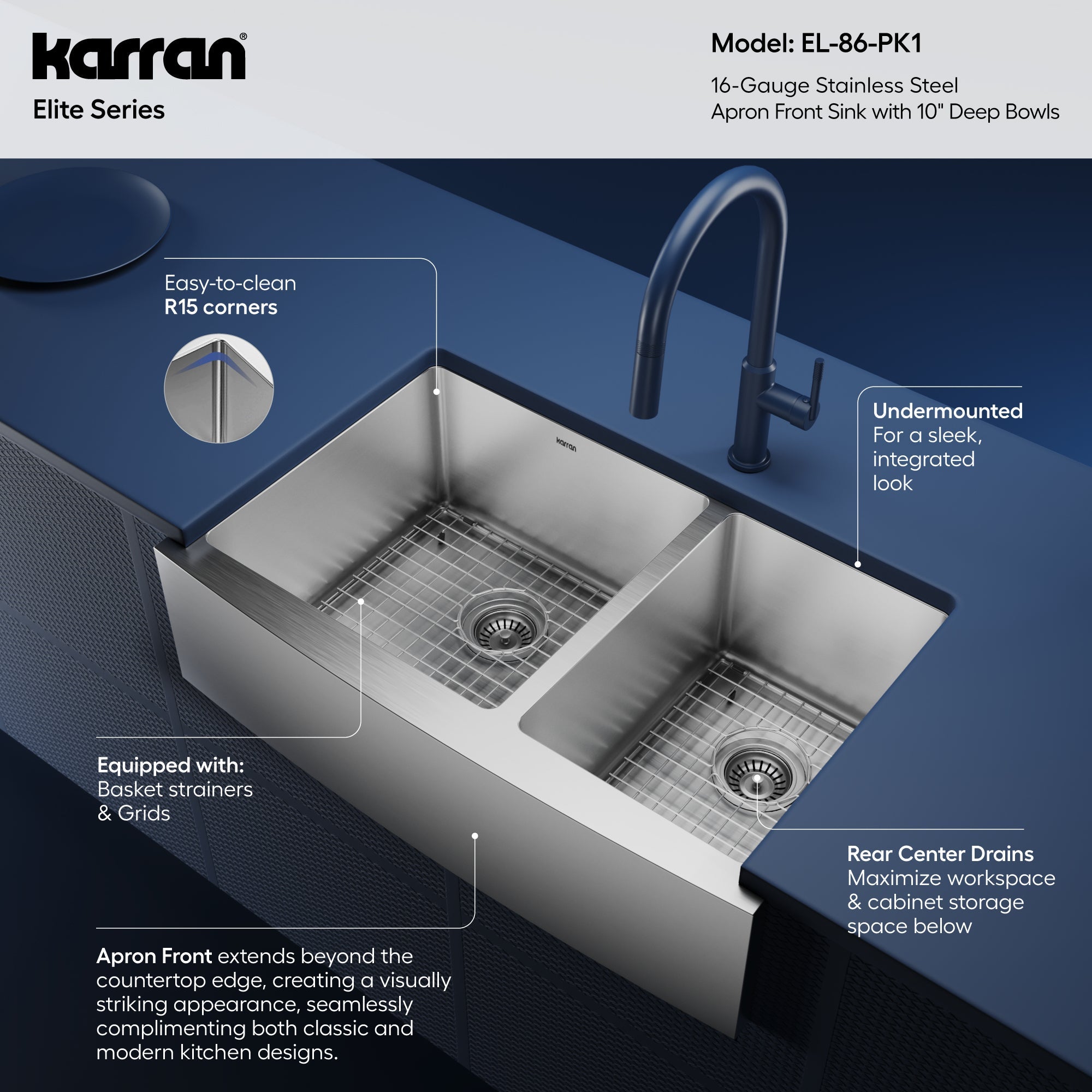 Elite 33" Apron Front 16 Gauge Double Offset Bowl Stainless Steel Kitchen Sink with Accessories