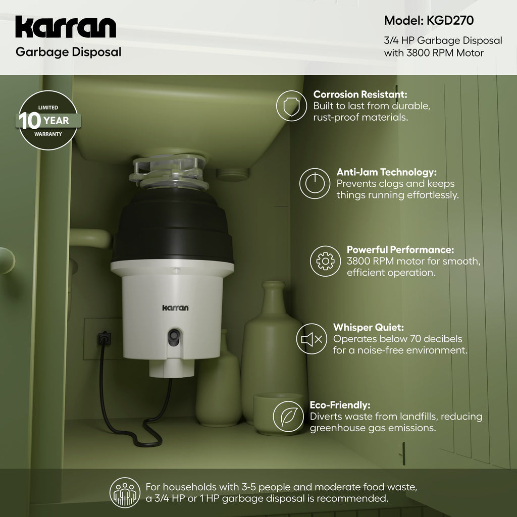 3/4 HP Continuous Feed Garbage Disposal for Kitchen Sinks with Power Cord and Accessories Included