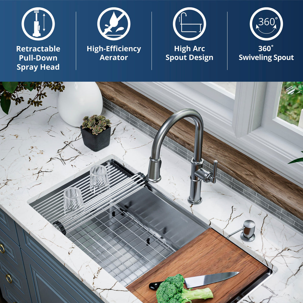 Brampton Single Hole Single Handle Pull-Down Sprayer Kitchen Faucet In Gunmetal Grey