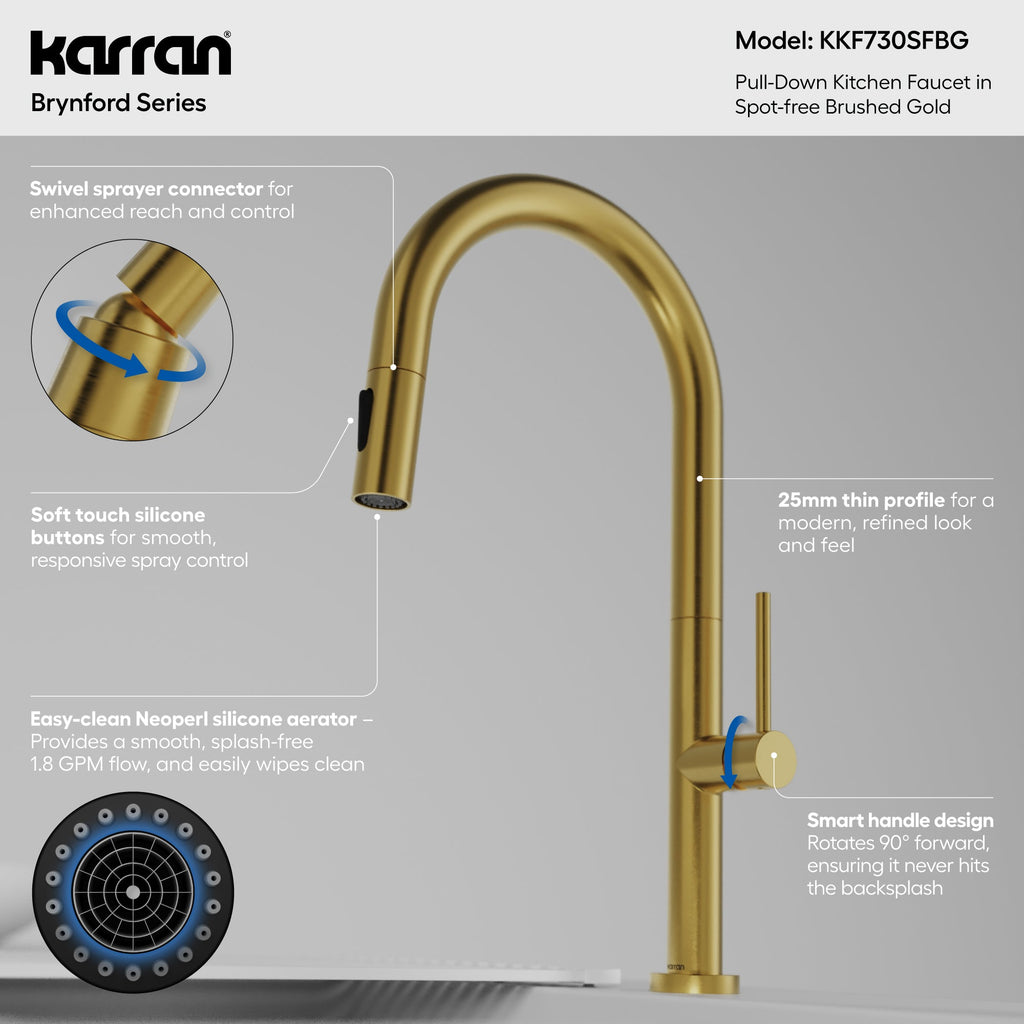 Brynford Single Handle Pull-Down Sprayer Kitchen Faucet In Spot-Free Brushed Gold