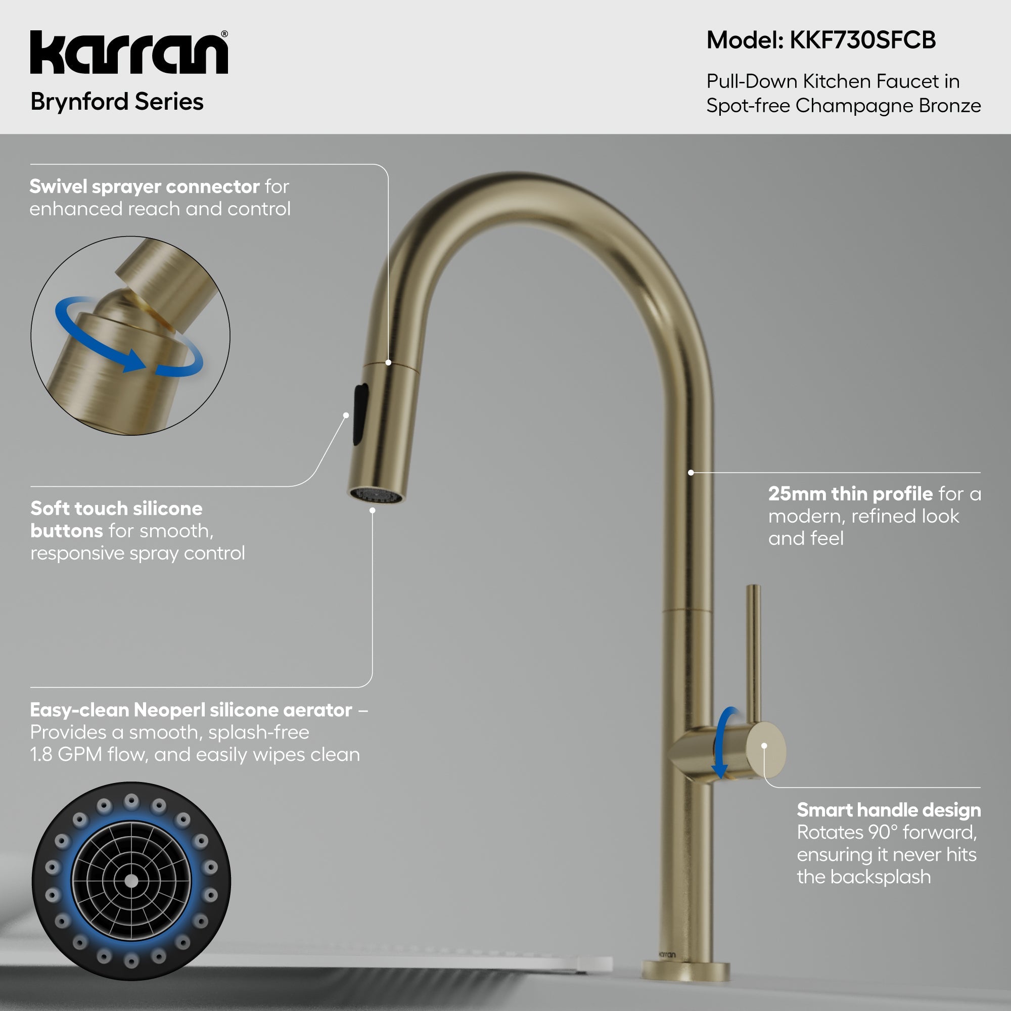Brynford Single Handle Pull-Down Sprayer Kitchen Faucet In Spot-Free Champagne Bronze